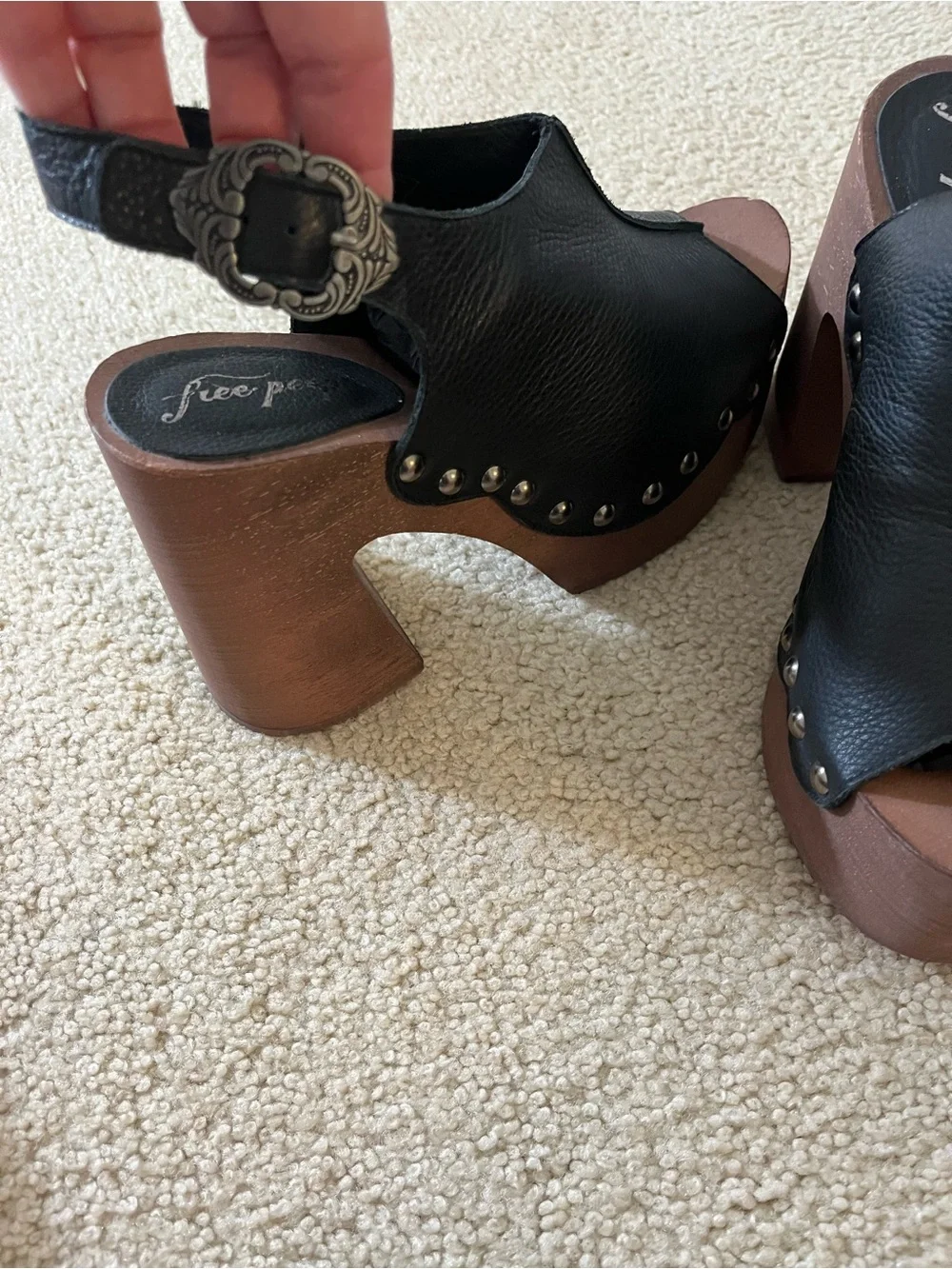 Free People Black Leather Studded Platform Clogs with Brown Wood-look Heel